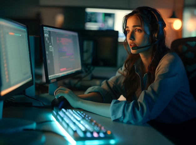 Foto agente de call center feminina usando fone de ouvido sentada em uma mesa de computador com teclado e mouse