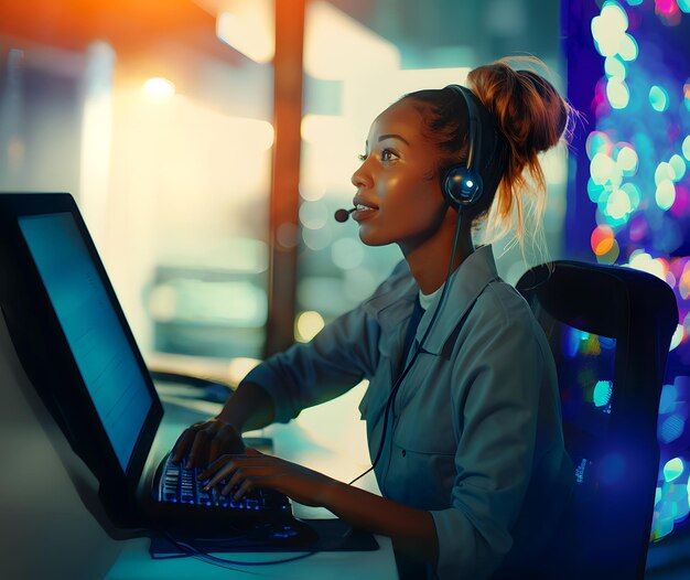 Foto agente de call center feminina usando fones de ouvido e segurando computador portátil