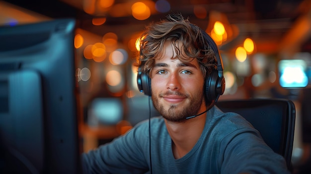 Foto agente de call center masculino usando fones de ouvido e camiseta olhando para a câmera com um sorriso