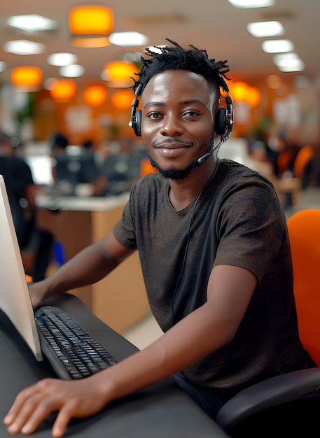 Agente de call center sentado na frente de um laptop usando fones de ouvido e uma camisa preta