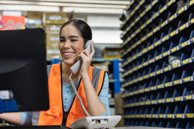 Agente de venda de engenheiro de estoque de produtos na loja de ferragens, telefone para receber pedido do cliente ou suporte técnico oncall