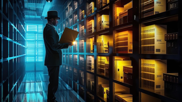 Un agente encubierto recupera archivos secretos de una bóveda segura rastreando flujos de datos de criminales agente especial especialista en ciberseguridad en el trabajo concepto de Matrix ciberespacio generado por IA