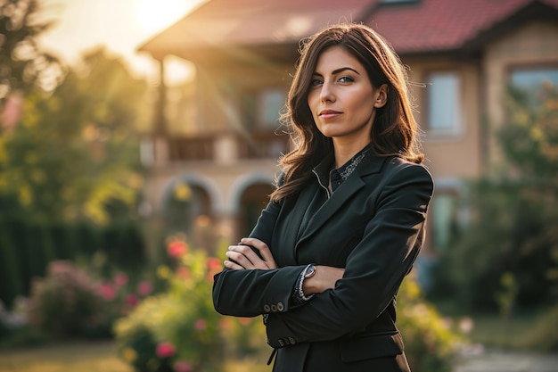 Agente imobiliária de pé em frente à casa à venda