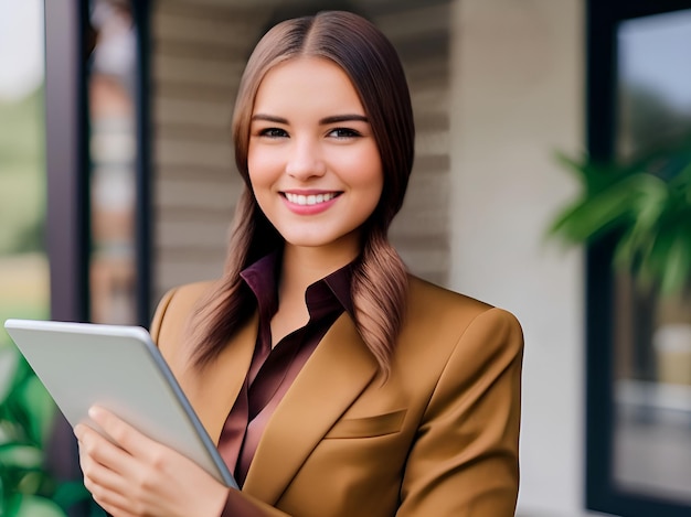 Foto agente imobiliária feminina usando um tablet digital na frente da casa