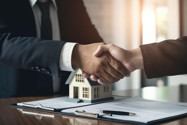 Agente imobiliário apertando a mão do comprador após assinar o contrato da casa Generative ai