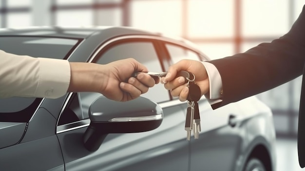 Agente imobiliário dando as chaves ao cliente no carro showroomgenerative ai