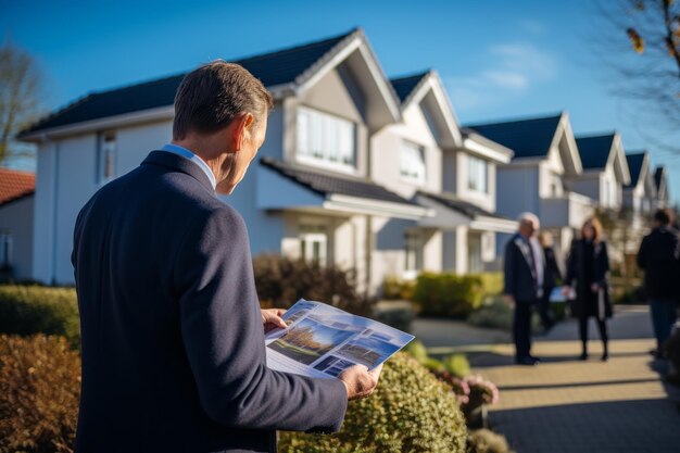 Agente imobiliário distribuindo folheto de propriedades IA generativa