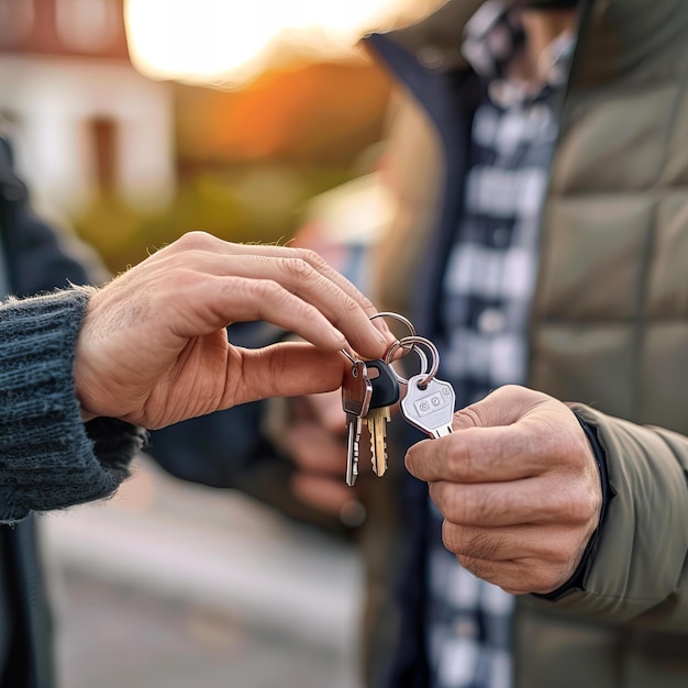 Agente imobiliário entrega chaves da casa ao comprador