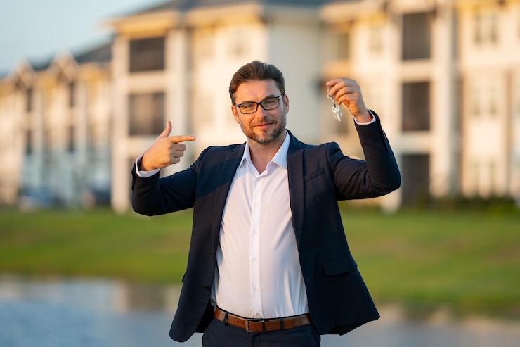 Foto agente imobiliário guarda dólares em dinheiro e chaves de casa, demonstrando chaves de imóveis para comprar uma nova casa