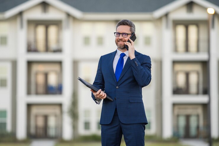 Foto agente imobiliário homem de negócios em terno segurar clipboards e falar ao telefone homem de negócios homem de negócios corretor ou agente imobiliário homem de negócios de terno ao ar livre homem de negócios imobiliário