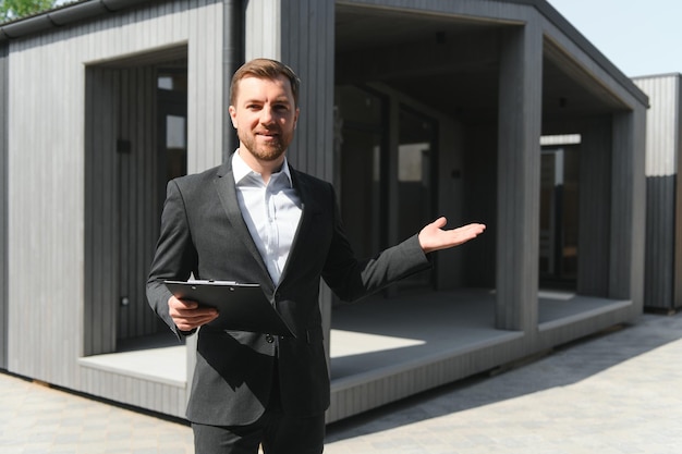 Agente imobiliário perto de uma bela casa ao ar livre Espaço para texto Conceito de casas modulares