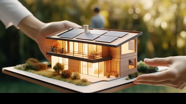 Agente imobiliário segurando casa modelo com painel solar