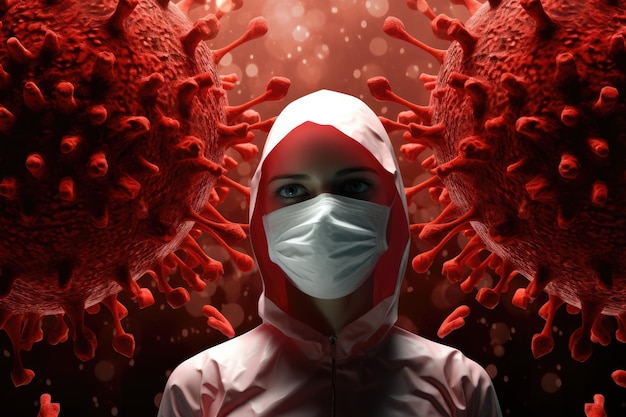 Foto agente infeccioso microscópico de vírus ácido nucleico rna dna introdução em uma célula viva máscaras de defesa contra pandemias surtos de covid 19 e outros proteção contra doenças