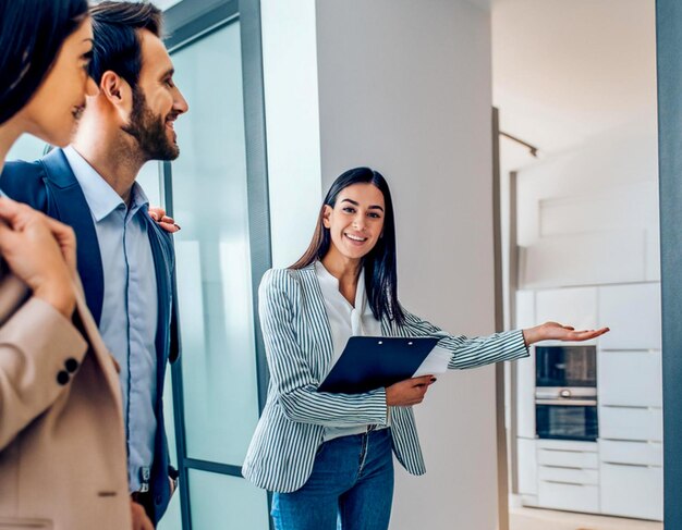 Foto una agente inmobiliaria invita a una pareja a entrar en la casa para visitar su futura casa