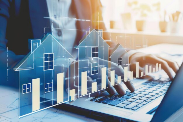 Agente inmobiliario analizando datos de mercado en una computadora portátil con gráficos digitales e íconos de casas sobre la pantalla