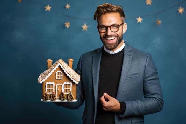 Foto agente inmobiliario en atuendo de año nuevo que muestra propiedades temáticas navideñas fondo con espacio vacío para el texto