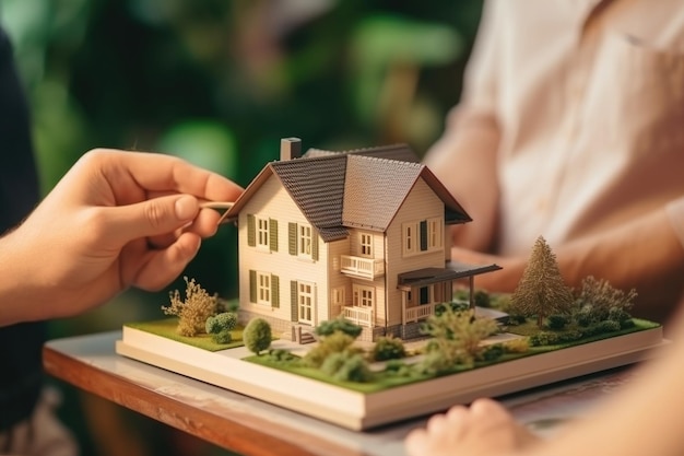 Agente inmobiliario y cliente cerca del modelo de casa en la oficina IA generativa