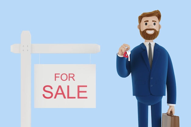 Un agente inmobiliario exitoso tiene una llave en la mano y vende rentas de una casa ilustración 3D