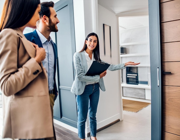 Foto agente inmobiliario invitando a una pareja a entrar en un apartamento para visitar el interior