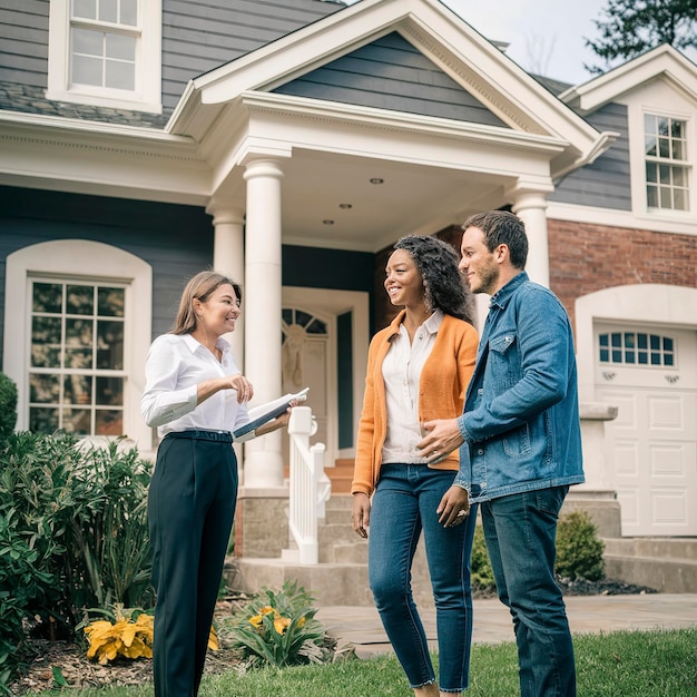 Agente inmobiliario mostrando la nueva casa a una pareja