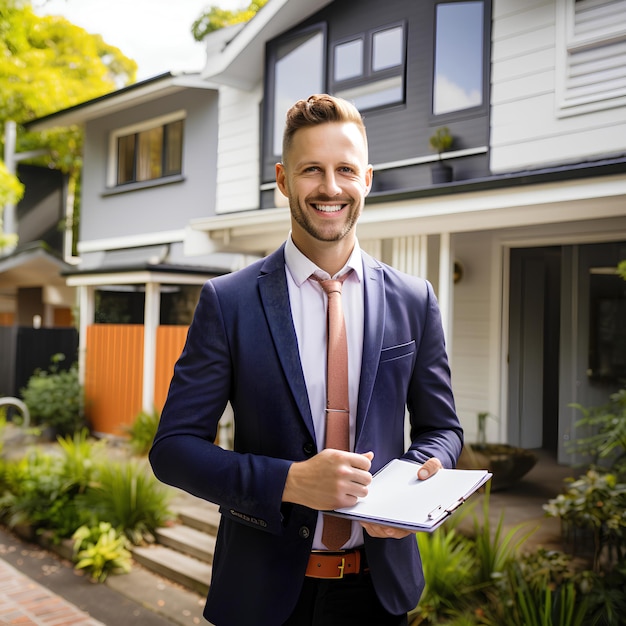 Foto agente inmobiliario mostrando una propiedad y sonriendo