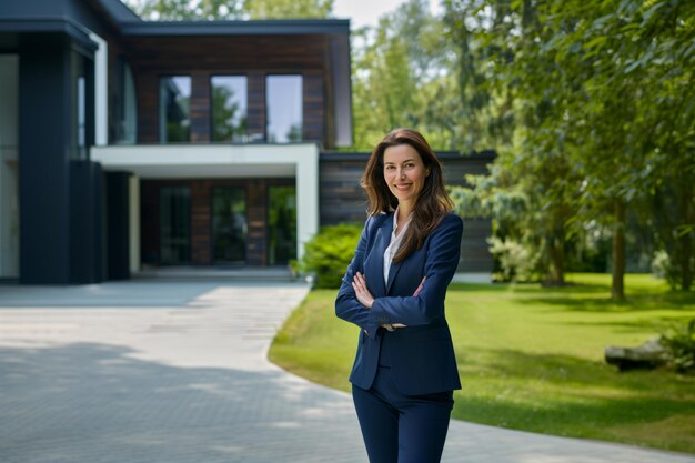 Un agente inmobiliario sonriente en un traje azul de pie junto a una elegante mansión