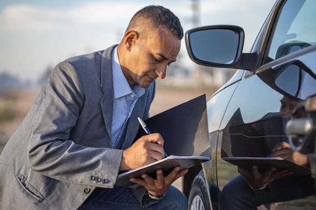 Agente de seguros inspeccionando un auto con un rasguño y tomando notas