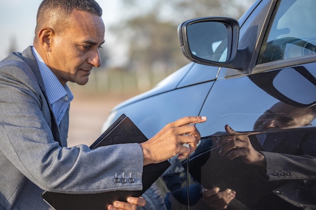 Foto agente de seguros señalando un rasguño en un coche