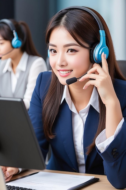 Agente de servicio al cliente mujer asiática con auriculares