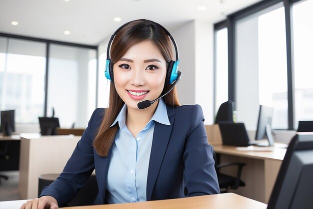 Foto agente de servicio al cliente mujer asiática con auriculares