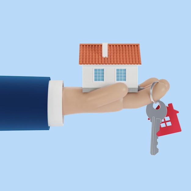 Agentenhände mit einem Haus in der Handfläche und einem Schlüssel am Finger. Bieten Sie an, ein Haus zu kaufen, eine Immobilie zu mieten. 3D-Darstellung.