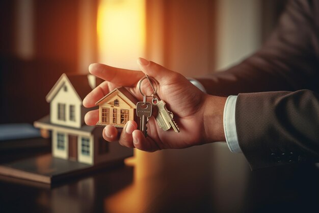 Agentes inmobiliarios acuerdan comprar una vivienda y entregar llaves a los clientes en las oficinas de su agencia