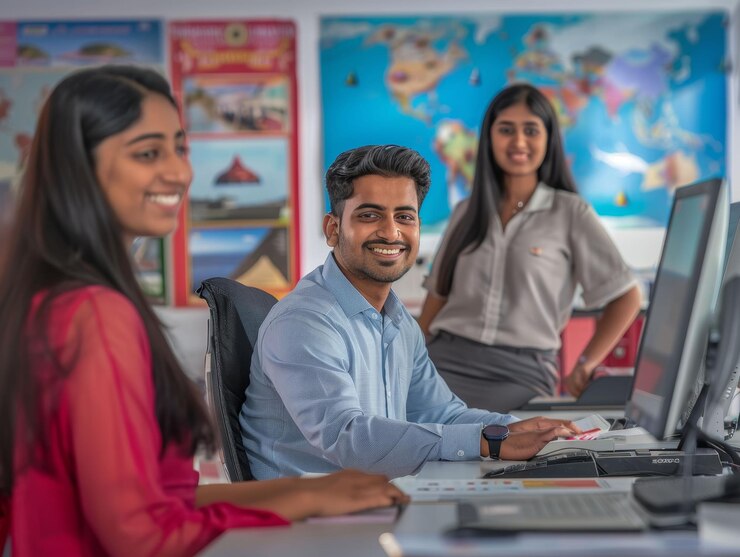 Foto agentes de viajes masculinos y femeninos de bangladesh en una oficina moderna y animada