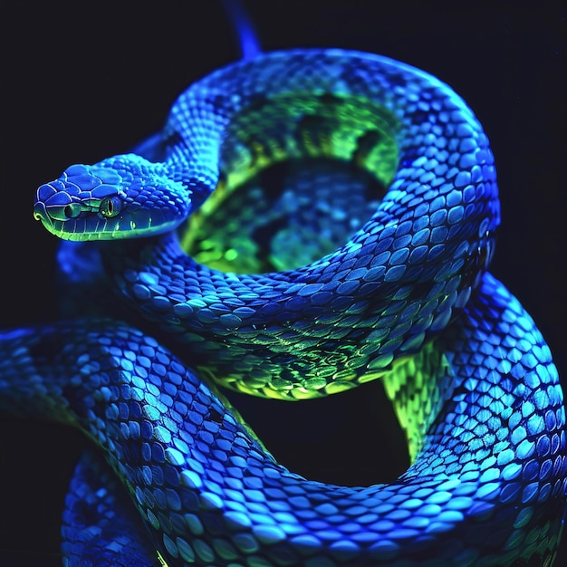 Foto aggressive geometrische schlange in neonblau gewickelt