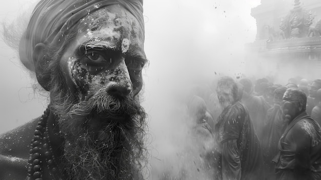 Foto aghori cubierto de cenizas una sesión de fotos en blanco y negro