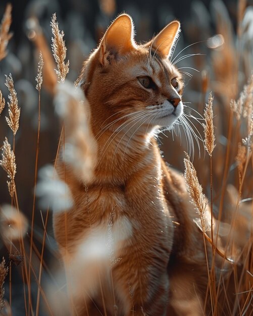 Foto un ágil gato abisinio saltando a través de un campo de fondo