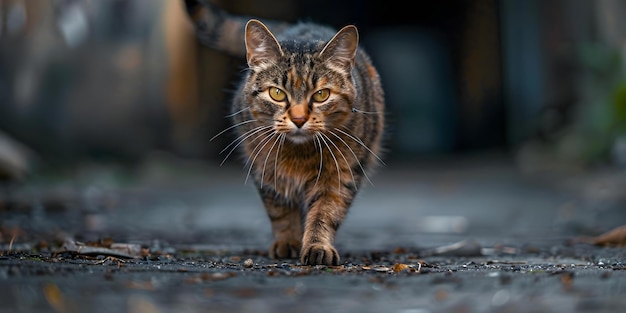 Un ágil gato de callejón con un abrigo variado y ojos brillantes explora las calles encarnando la libertad urbana Concepto Gato de callejón Exploración Libertad urbana Abrigo variado Ojos brillantes