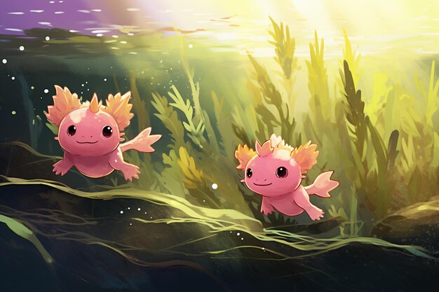 Foto los ágiles axolotles se apresuran a través de un campo de vibrantes corales