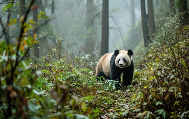 Los ágiles movimientos del panda navegando por su hábitat forestal