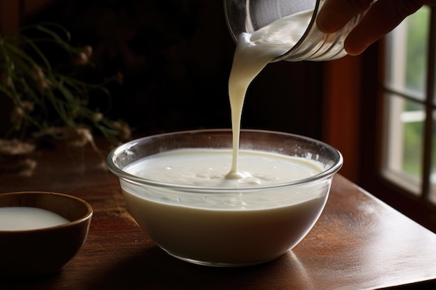 Foto agitação da cultura inicial de iogurte em leite quente