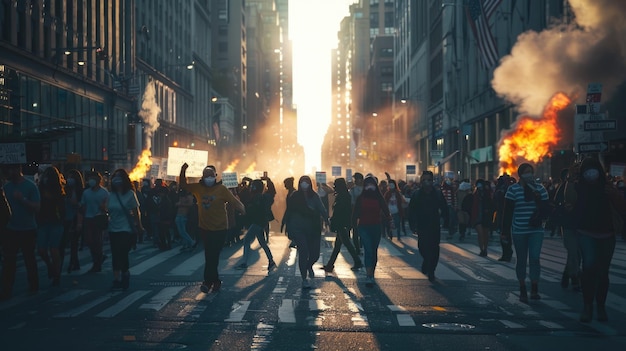 Foto la agitación urbana los disturbios callejeros los disturbios civiles y las tensiones sociales el caos y la intensidad de las protestas públicas y las manifestaciones en el corazón de la ciudad