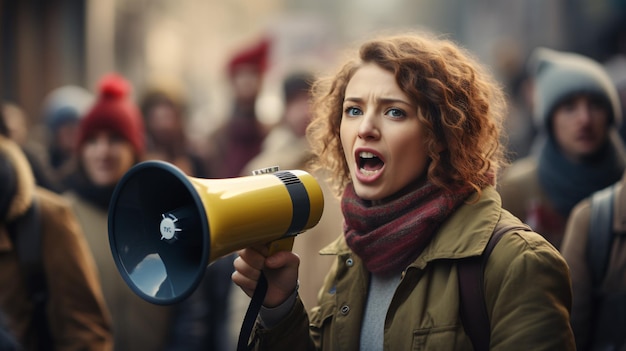 Una agitadora gritando en un altavoz en un piquete con un pabellón de manifestantes en el fondo