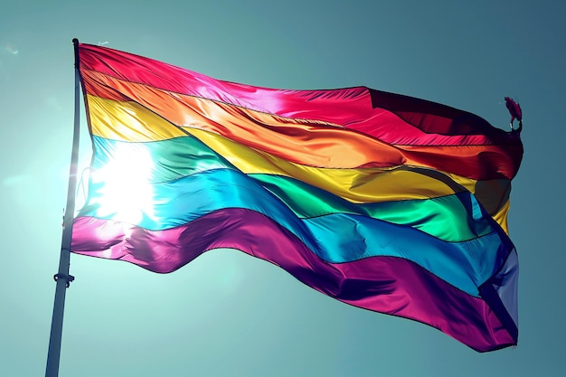 Foto agitando a bandeira do arco-íris no fundo do céu azul