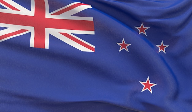 Agitando a bandeira nacional da Nova Zelândia. Renderização 3D em close-up altamente detalhada.