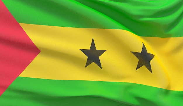 Agitando a bandeira nacional de São Tomé e Príncipe. Renderização 3D em close-up altamente detalhada.