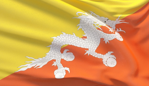 Agitando a bandeira nacional do Butão. Renderização 3D em close-up altamente detalhada.