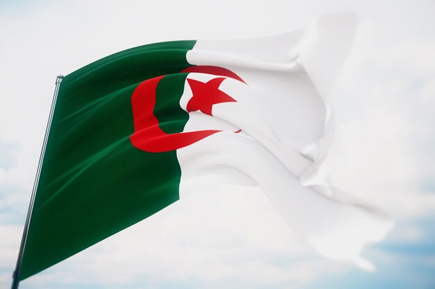 Agitando bandeiras do mundo - bandeira da argélia. filmado com uma profundidade de campo rasa, foco seletivo. ilustração 3d.