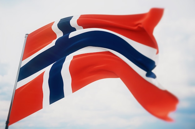 Agitando bandeiras do mundo - bandeira da Noruega. Filmado com uma profundidade de campo rasa, foco seletivo. Ilustração 3D.