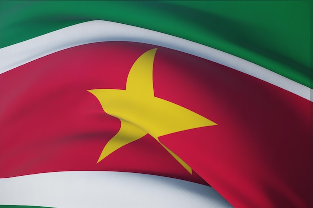 Agitando bandeiras do mundo - bandeira do Suriname. Vista do close up, ilustração 3D.