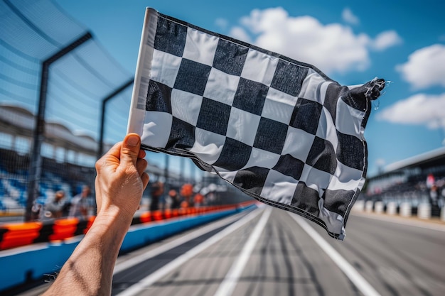 Agitando una bandera a cuadros con una pista de carreras en el fondo